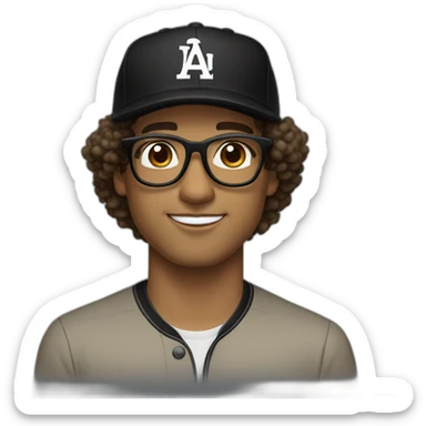 Light brown Latino man with big curly hair wearing black glasses brown eye and black baseball hat sticker