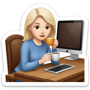 mujer blanca tomando cafe y con un computador sentada en una mesa  sticker