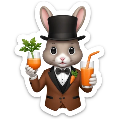 rabbit wearing suit, bowtie and top hat, holding glass of carrot juice sticker