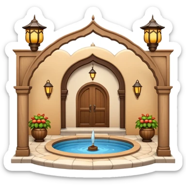 3D Apple-style emoji of a traditional Turkish han with courtyard, arches, fountain, wooden doors, and hanging lanterns. Rounded, glossy, smooth, soft shadows, white background.







 sticker