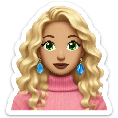 girl pink sweater pink lipstick green eyes blue earrings pink nails golden wavy long hair full body sticker