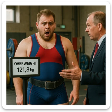 realistic European powerlifter in competition clothing, standing in front of a digital scale showing an overweight reading, shocked and disappointed expression, competition official communicating exclusion, tense atmosphere, detailed, background of weightlifting room or weigh-in area sticker