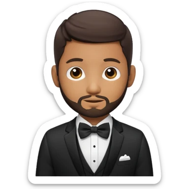 Usher with dark brown hair and short beard, black suit with bow tie sticker