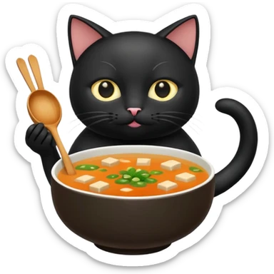 Black cat holding miso soup sticker