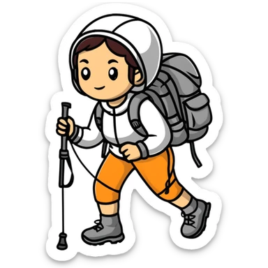female mountain climber with backpack and hiking poles sticker