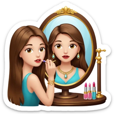 Girl with long brown hair, gold jewelry, and lashes, putting on lipgloss while looking in a mirror  sticker