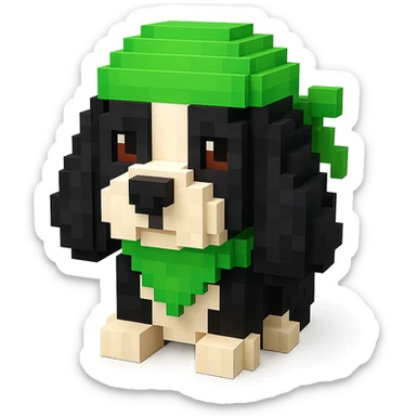 A black and white Russian Cocker Spaniel puppy wearing a green durag, voxel style, facing forward sticker
