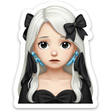 white long hair girl with black bow on her hair wearing black gown with a sad face sticker
