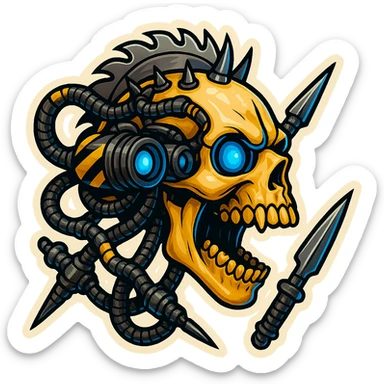 guns. try different melee weapons. put punk spikes on some surfaces. use other colors for the eyes like blue. the skull is screaming. . the skull should stay bone. make the jaw open extremely wide. wider than reality. profile view. 3/4 view. rear views. add some black and yellow warning stripes in sections. rear views! profile views! Mohawk made from a circular saw blade sticker