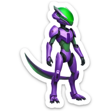a purple-green Genesect-Raptor-Fakémon—hybrid with a futuristic visor-helmet full body sticker