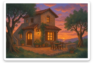 cozy Bodrum villa with terrace, olive trees, and sunset background, ghibli-inspired style sticker
