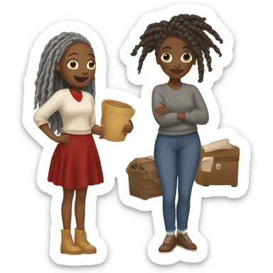 2 women, woman with gray locs, wearing pants , other woman is brown with red locs, in a knee-length dress with a cozy sweater, looking at antique items, shopping in yardsale sticker