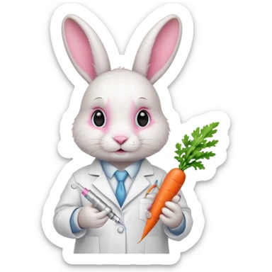 ​​White bunny in lab coat holding carrot syringe.







 sticker