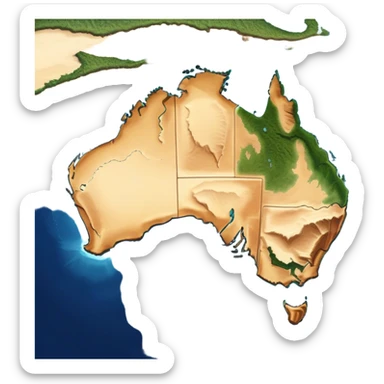 Outline and Landmass of Australia – Cinematic-realistic map of Australia, featuring its distinct coastline and iconic landmass shape. The deep blue ocean surrounds the golden-brown continent, with subtle topographic details highlighting its vast deserts, lush forests, and rugged coastline. A soft glow accentuates the edges, making the shape unmistakable. sticker