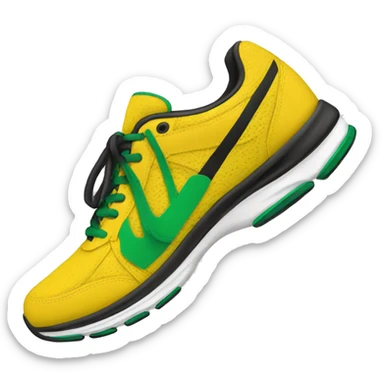 Yellow running shoes and green bottom and black strings sticker