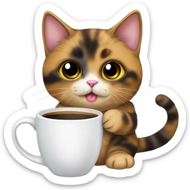 Tortie munchkin cat sitting with a coffee mug in hand sticker