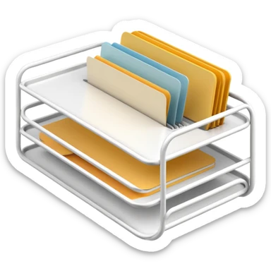 A minimal, clean emoji-style illustration of a white metal desk paper organizer tray, shown in slight isometric view so its structure is readable at a small scale. The organizer is rectangular with rounded corners, made of thin white metal wires, forming two to three stacked horizontal slots. sticker