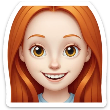 traditional emoji of young girl with very pale skin, long straight bright ginger red hair, very big wide human eyes, wide nose, big smile with extremely large prominent teeth showing, classic round face sticker