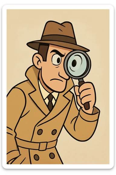 a detective in a trench coat, holding a magnifying glass up to one eye, classic sleuth look, cartoon style sticker