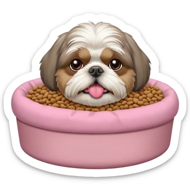 old ALL grey shih tzu in pink dog bed tongue hanging out near bowl of food sticker