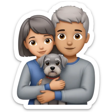 a boy and a shorthair girl hug a grey Schnauzer sticker