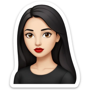 Confident young woman with oval face, elegant features, dark brown eyes, arched eyebrows, red lipstick, light brown skin, long black hair, wearing a black top sticker