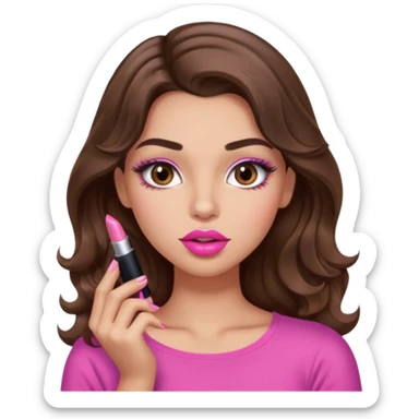girl with long wavy brown hair, brown eyes, light to medium complexion, in a pink sexy top, pink lips, long lashes, puckered lips, putting on lipstick sticker