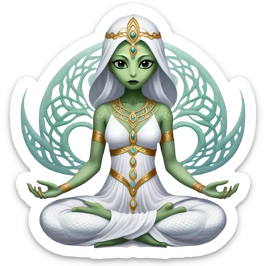 a Reptilian alien woman,in meditation, white dress like a priestess sticker