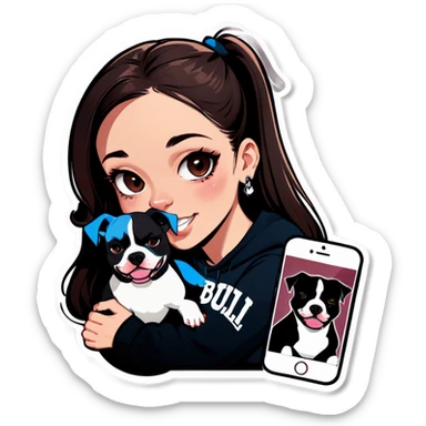 Slightly overweight beautiful girl with choppy long dark hair with her nose piercing and her black iPhone with her her pet pit bull girl with an underbite layed next to her sticker