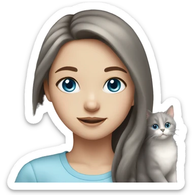 Girl with long brown hair and white skin and light blue eyes with a grey fluffy cat sticker