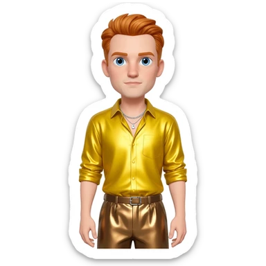 Dave England with blue eyes, reddish blonde hair, yellow metallic shirt, bronze metallic baggy pants, silver necklace sticker