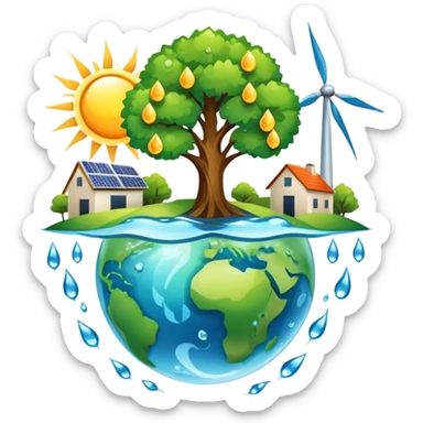 An icon featuring a green Earth, a tree, recycling symbols, and renewable energy sources like wind turbines, solar panels, and hydropower. The design includes animals, water droplets, and the sun, representing ecology, sustainable energy, and environmental protection. Transparent background. sticker