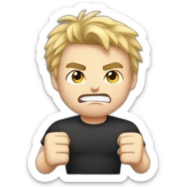 light haired angry young man in dark t-shirt with both fists clenched to his forehead sticker