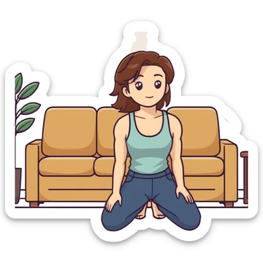One Caucasian woman with brown hair big boobs wearing pants and a tank top, kneeling on the ground next to a couch with a bald man sitting on it.  sticker