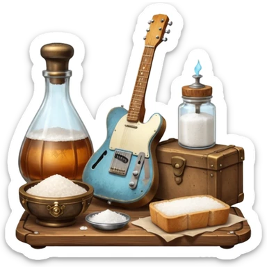 cinematic ultra HD steampunk victorian - a bottle of salt (salt shaker) and a loaf of peasant bread with a small electric telecaster guitar - still life composition sticker