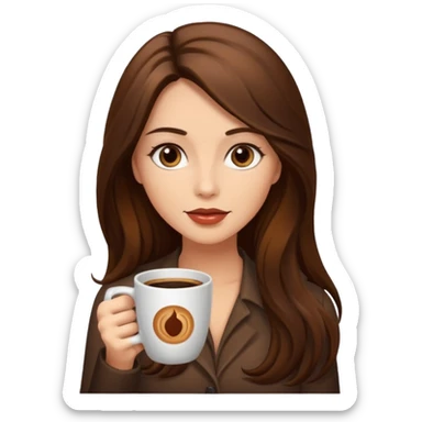 Brown long haired sexy woman with dark brown eyes with cup of coffee sticker