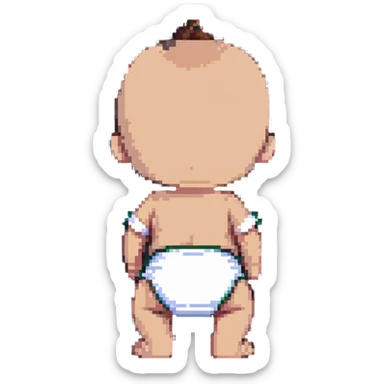 baby standing with back facing, wearing a diaper sticker