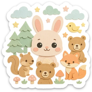 high-quality paper craft style illustration of soft pastel bunny (round baby face, big sparkling eyes, pink blush), surrounded by squirrel, bear, fox, and bird, in a soft pastel green forest with dreamy clouds, pastel stars, mushrooms, hand-crafted paper look, high resolution sticker