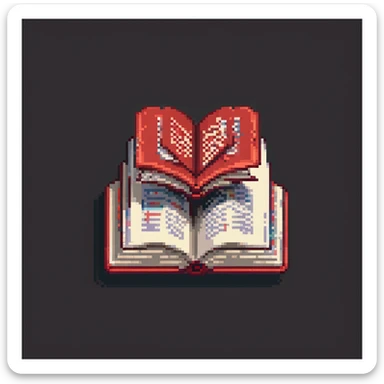floating red book, opened with pages turning, pixel art style, dark background sticker