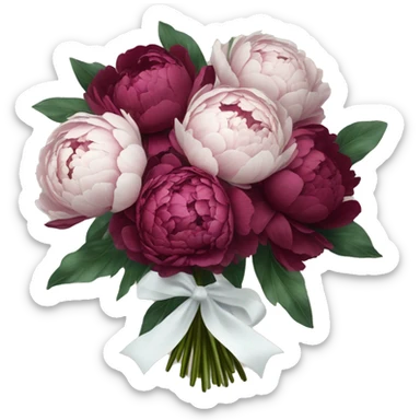 Big bouquet of burgundy peonies with a white satin ribbon sticker