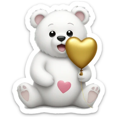 A bear with white fur holding a balloon that is in the shape of a gold heart.  sticker