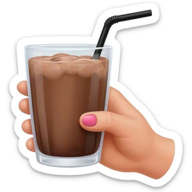 chocolat froid dans un grand verre avec une paille noir tenue par le bout d'une jolie main de femme avec une belle manucure Style Pinterest ultra réaliste Avec une bordure blanche IOS sticker