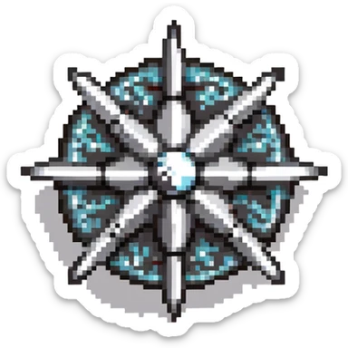 Black digital bomb with shuriken or ninja star ornament on top, round bomb body with silver highlights and details, sleek ninja-inspired design, pixel art style sticker