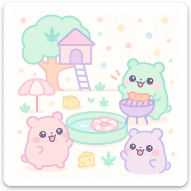 Discord server icon, square format, summer pool cookout with up to 3 kawaii hamsters laughing and having a good time, weed leaves, cheese, THC theme, no disco ball, no Discord logo, near a treehouse, possibly in space, soft colorful palette, nostalgic, fun, inviting, summer party vibe, clear composition sticker