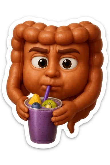 EMOJI STILE IPHONE DI un intestino umano anatomico che beve un frullato di mirtilli, ananas, kiwi, fagli anche la parte bianca degli occhi, non solo le pupille, REALISTICo 4K sticker