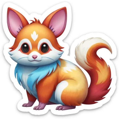  Shiny iridescent light warmly colored reddish-orange-gold-gradients vibrant bioluminescent colorful pastel flourishing flurry fuzzy Absol-Minccino-Furret-Zangoose-Chinchilla-Stitch-fusion-animal-Fakémon-hybrid-creature, by griffsnuff sticker