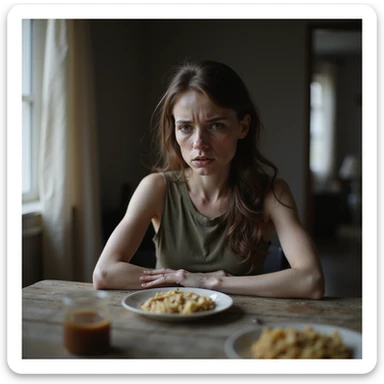 hyperrealistic 4K image of a thin woman with sunken cheeks and dark circled eyes, anxious and stressed expression, sitting at a table in a domestic environment with a small meal, natural light, detailed sticker
