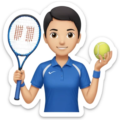 light brown skinned tennis coach, short straight black hair with widow's peak, oval face, small eyes, smiling, holding blue Yonex tennis racket, wearing dark navy blue dry fit shirt sticker