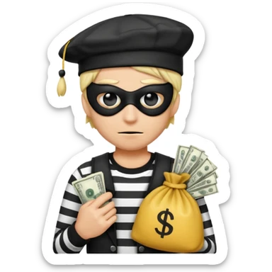 Realistic ios emoji-style portrait of a classic burglar, a black eye mask and a black-and-white striped shirt. emoji-like hair, black hat, a bag of money 💰 with a dollar sign in a right corner, evil expression  sticker