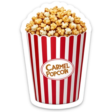 large package of caramel popcorn, red and white vertically striped package with thick stripes, golden brown caramel popcorn visible at the top, no text or labels on package, only stripe pattern, authentic Apple emoji style with glossy finish, prominent package size sticker